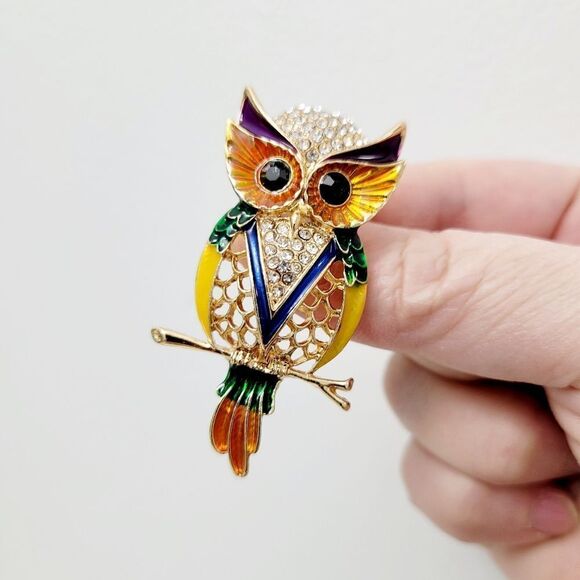 Brand New 2 In 1 Yellow & Green Owl Gold Tone Rhinestone Brooch Pin & Pendant - Picture 4 of 8